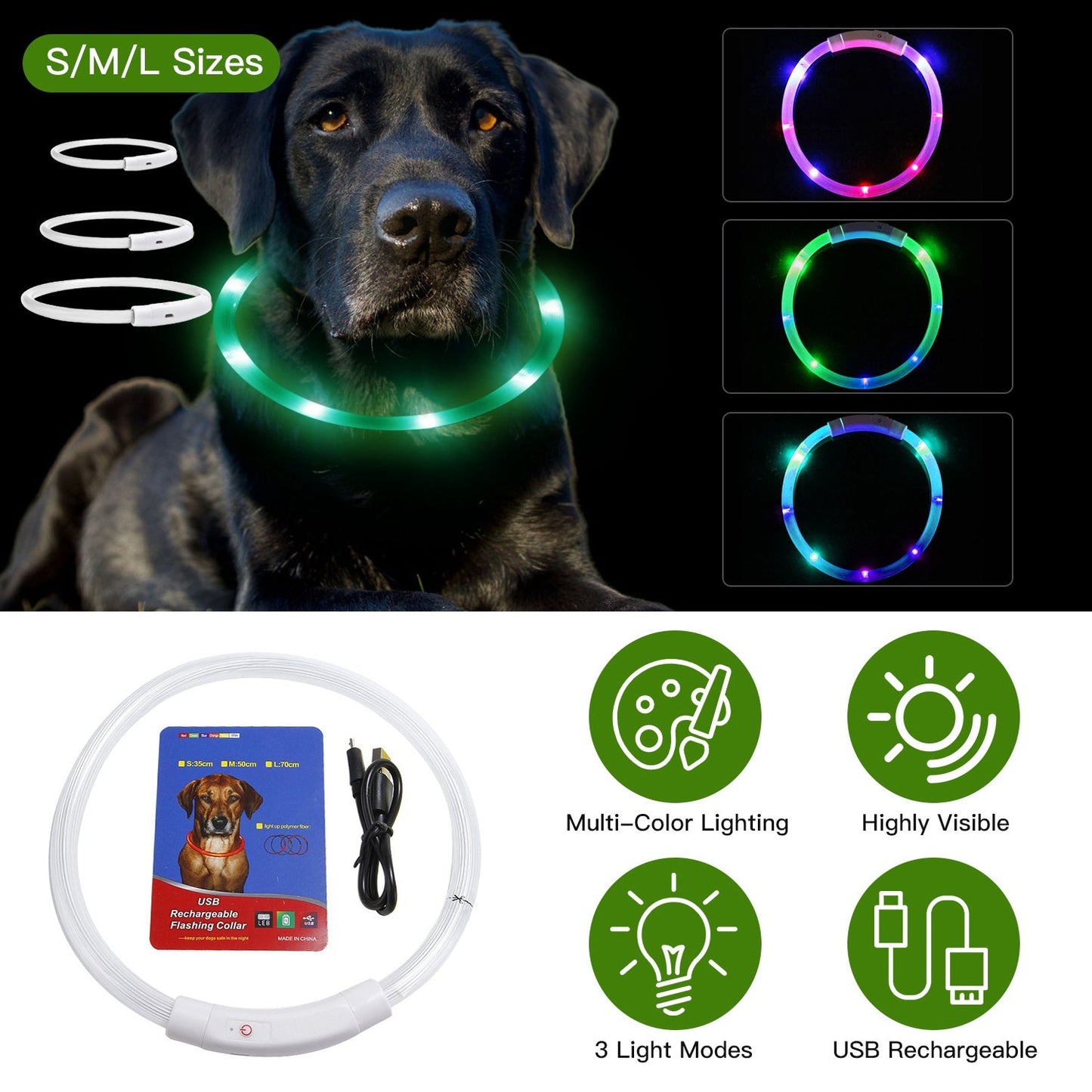Glowing Dog Collar for Small to Medium sized Dogs w/ Rechargeable USB